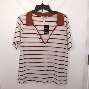 Forever 21 ivory/rust ribbed collared top